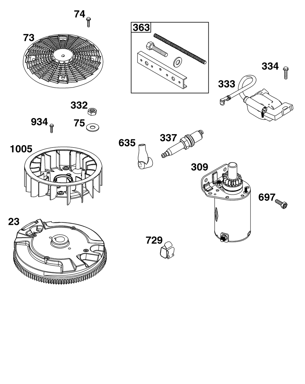 Flywheel, Ignition, And Starter Group Diagram and Parts List for 44S977-0046-G1 400000 - 699999 Briggs and Stratton Engine